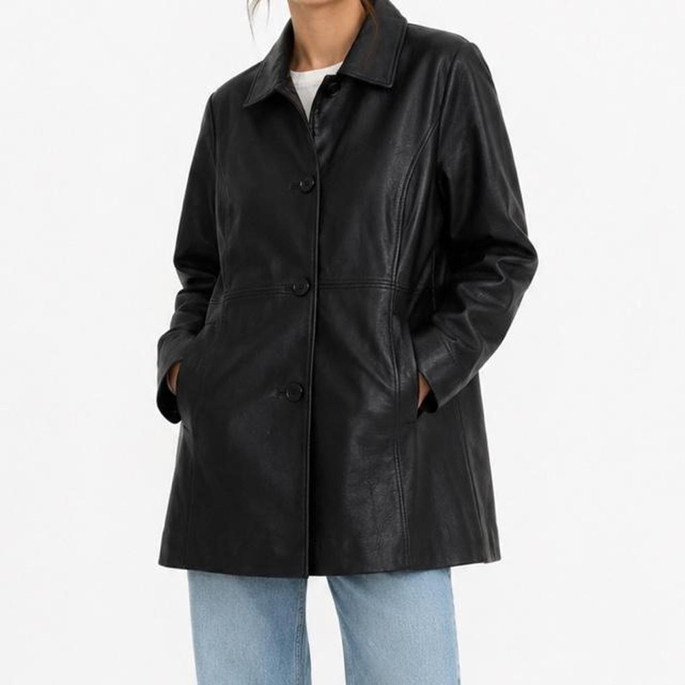 Y2K Jaclyn Smith Black Genuine Leather Car Coat Womens L